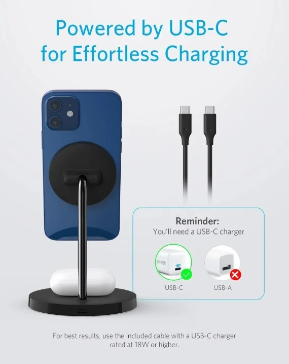 Беспроводное зарядное устройство Anker PowerWave Magnetic 2-in-1 Stand A25611Y1 (Черное)