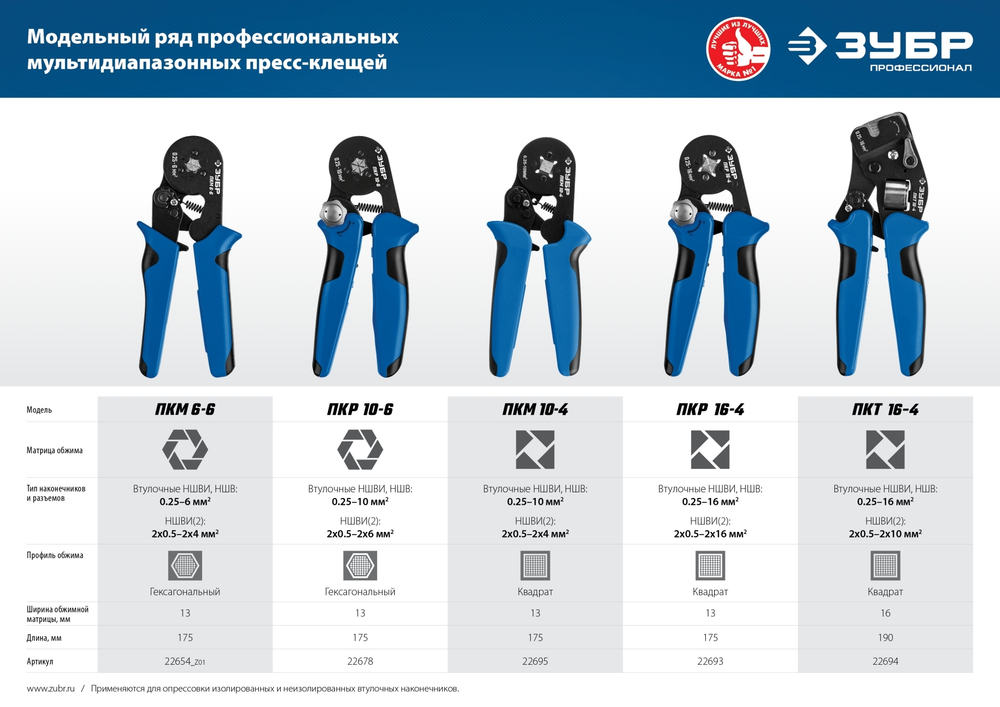 ЗУБР ПКР-10-6, 0.25 - 10 мм2, с шестигранным профилем, мультидиапазонные пресс-клещи, Профессионал (22678)