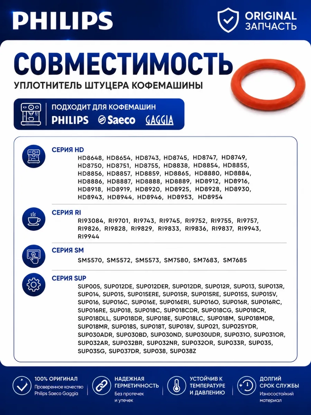 Термостойкое силиковое уплотнительное кольцо O-Ring поршня заварочного блока для кофемашин Philips, Saeco, Gaggia, Spidem -996530059419 (145841500, NM02.018, 222806, OR ORM 0050-20, пищевой силикон, параметры: 9х5x2 мм)