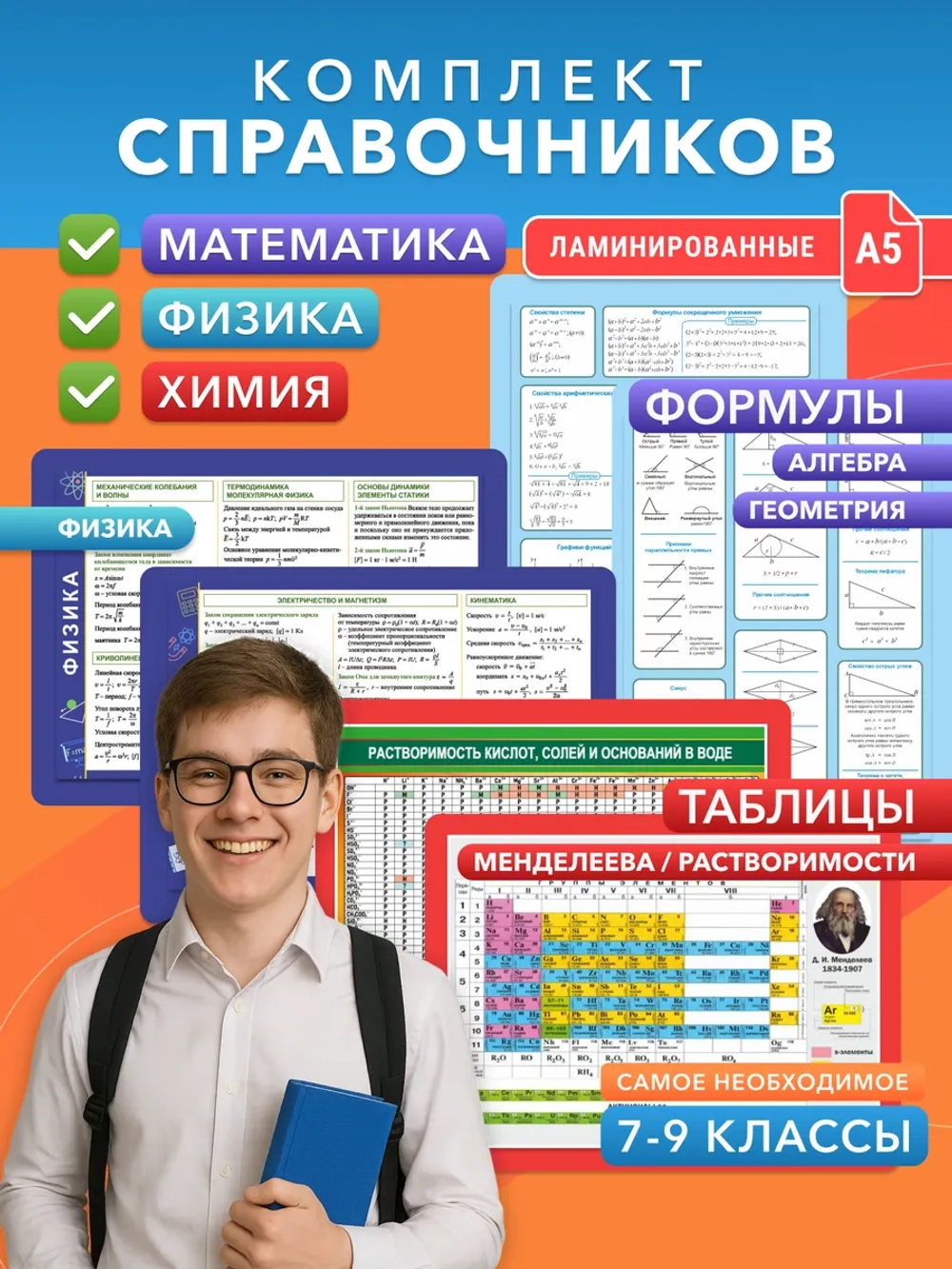 Формулы по физике 7–9 класс, алгебра геометрия химия