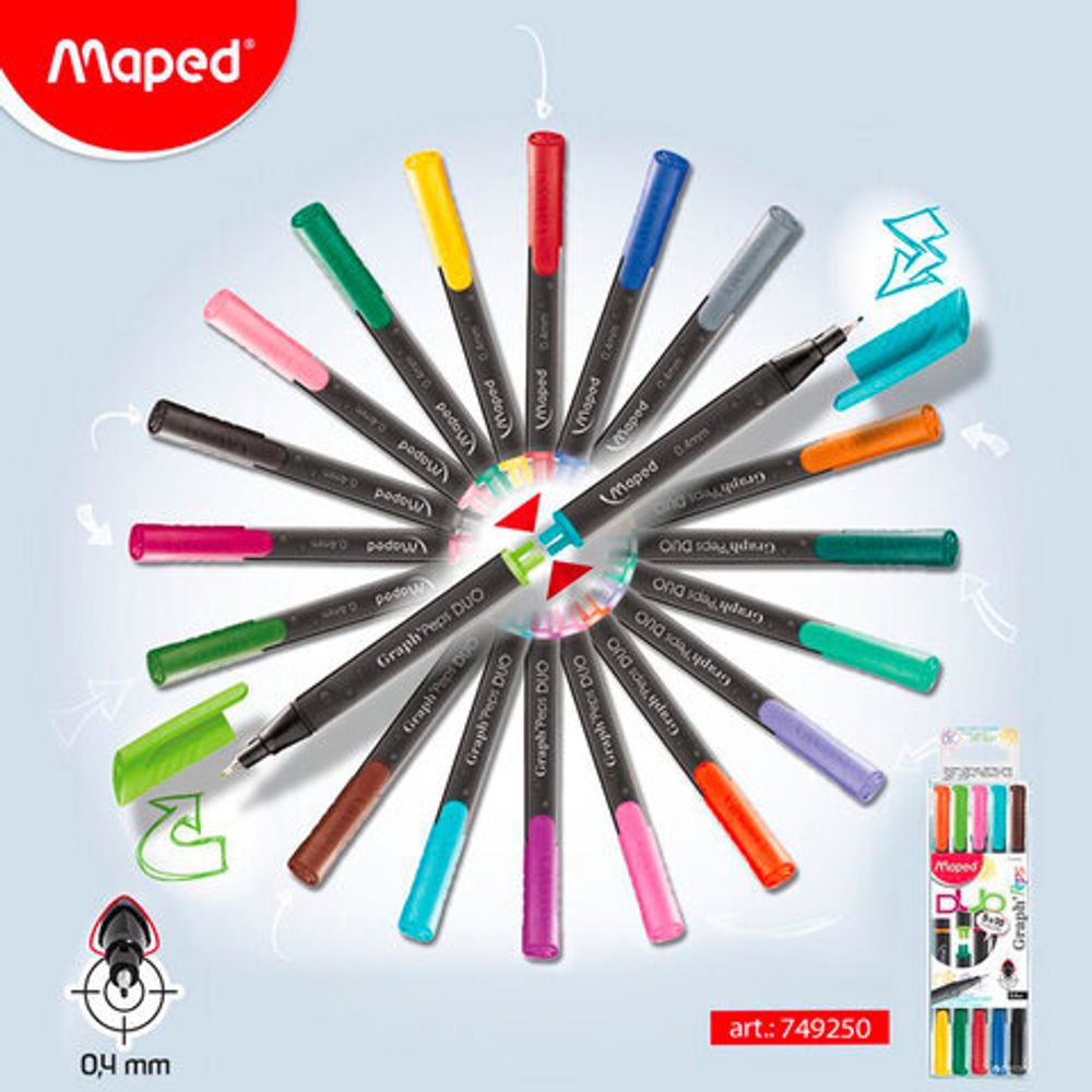 Набор капиллярных двухсторонних ручек (линеров) MAPED 5 шт., 10 цветов, "Graph'Pep", АССОРТИ, линия письма 0,4 мм, 749250