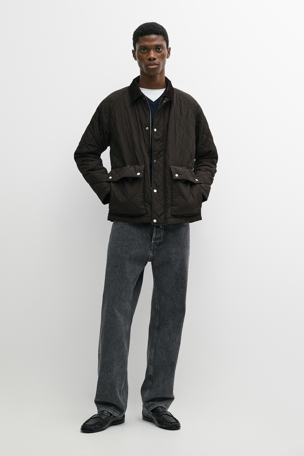 Massimo Dutti Стеганая куртка с вельветовым воротником, коричневый меланж