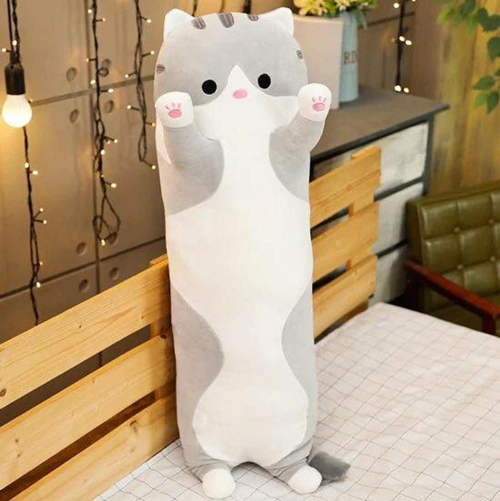 Мягкая игрушка длинный Кот батон, серый, 150 см