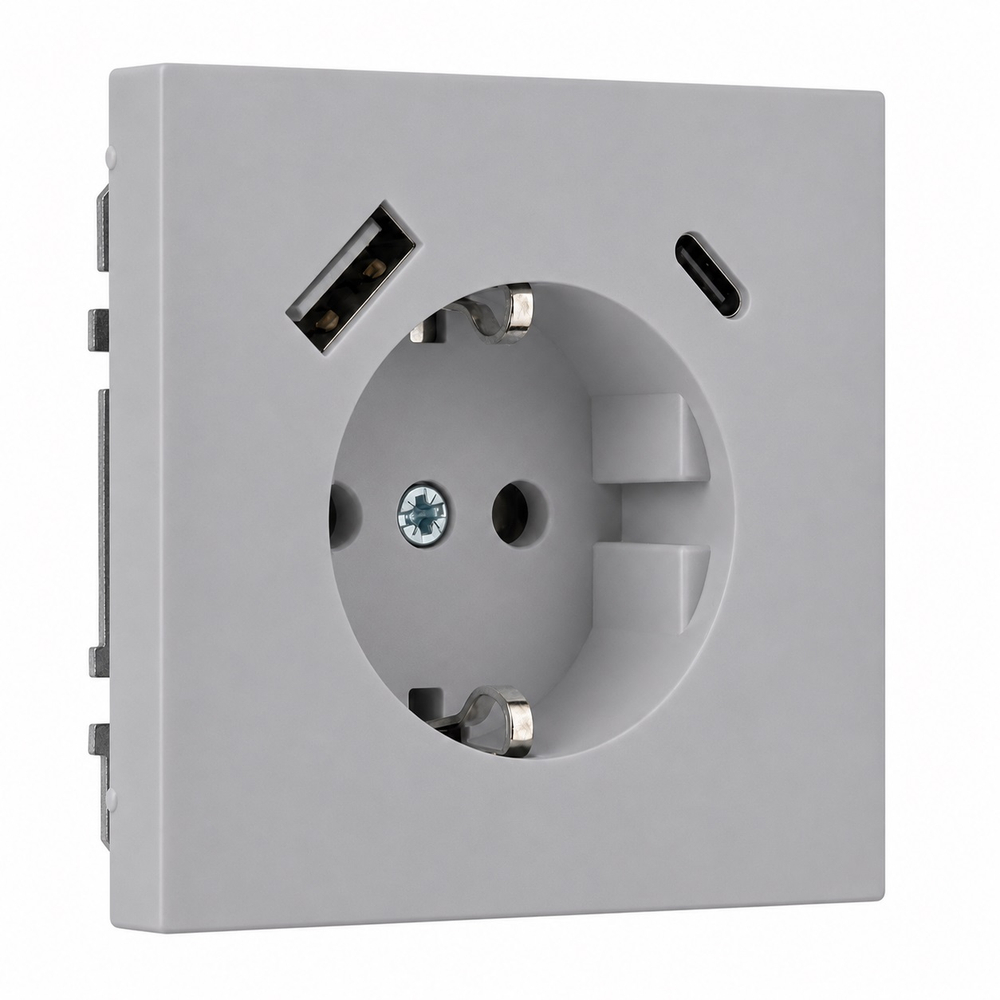 Розетка с з/к 16А 250В, с устройством зарядным USB (A+C) 3,4А, серая матовая, Superior