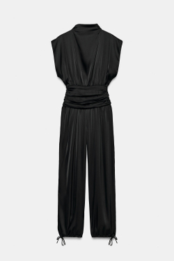ZARA АТЛАСНЫЙ КОМБИНЕЗОН С ПОЯСОМ-КУШАКОМ, ЧЕРНЫЙ