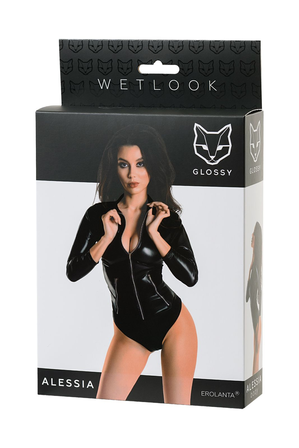 Glossy Alessia - Боди из материала Wetlook на молнии, черное, L