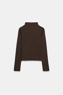 ZARA ФУТБОЛКА С ВОРОТНИКОМ-СТОЙКОЙ, КОРИЧНЕВЫЙ