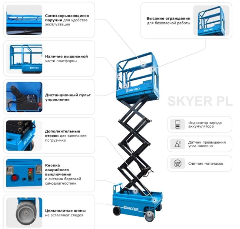 Самоходный ножничный подъемник с выдвижной платформой (узкая база) SKYER PL0524