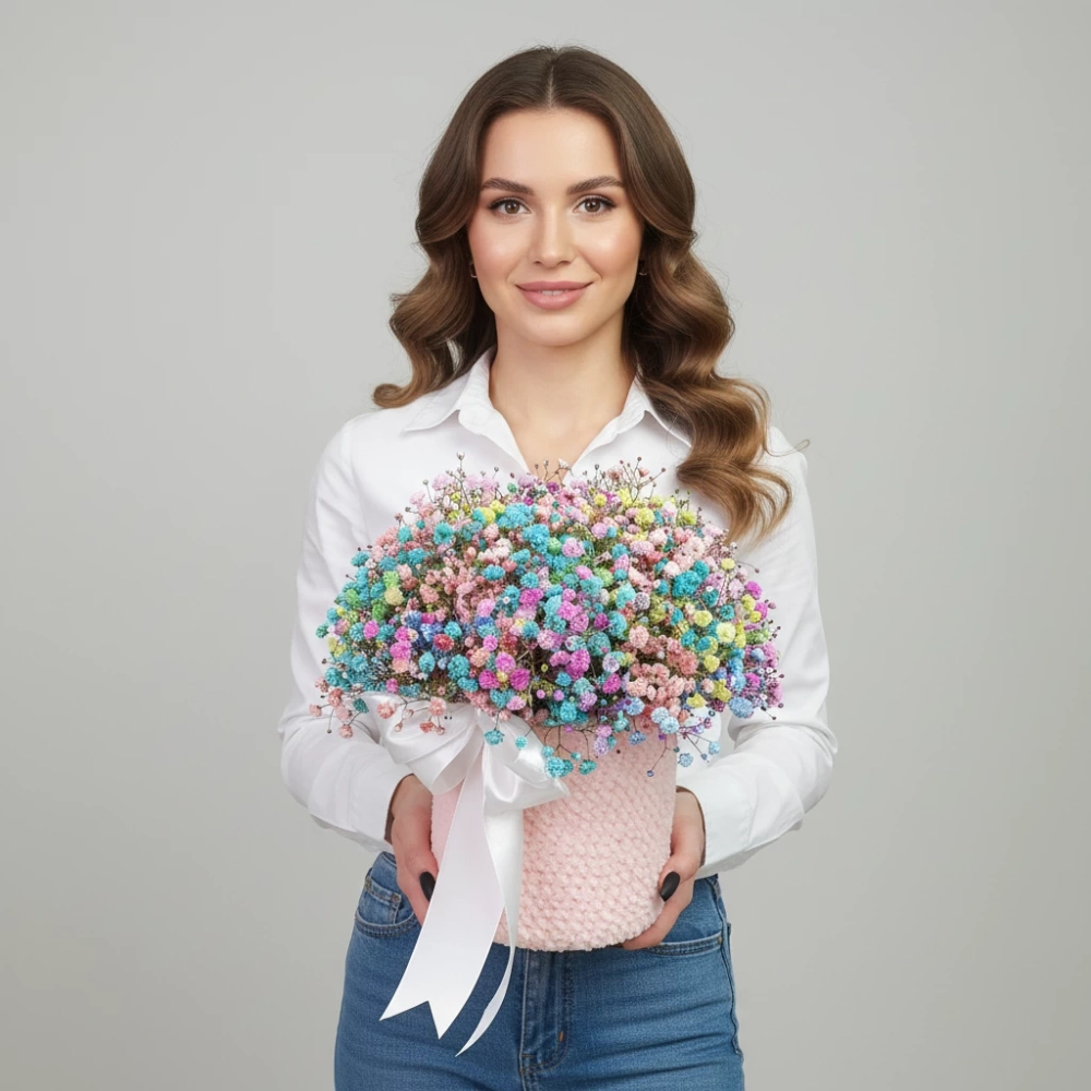 Радужная гипсофила в авторском кашпо, связанном вручную.