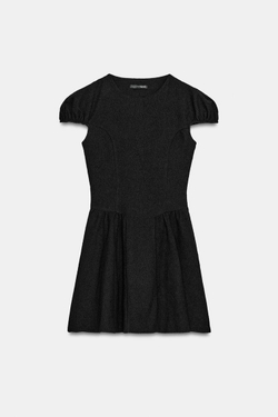 ZARA ПЛАТЬЕ ИЗ БУКЛЕ С ОБЪЕМНЫМИ РУКАВАМИ, ЧЕРНЫЙ
