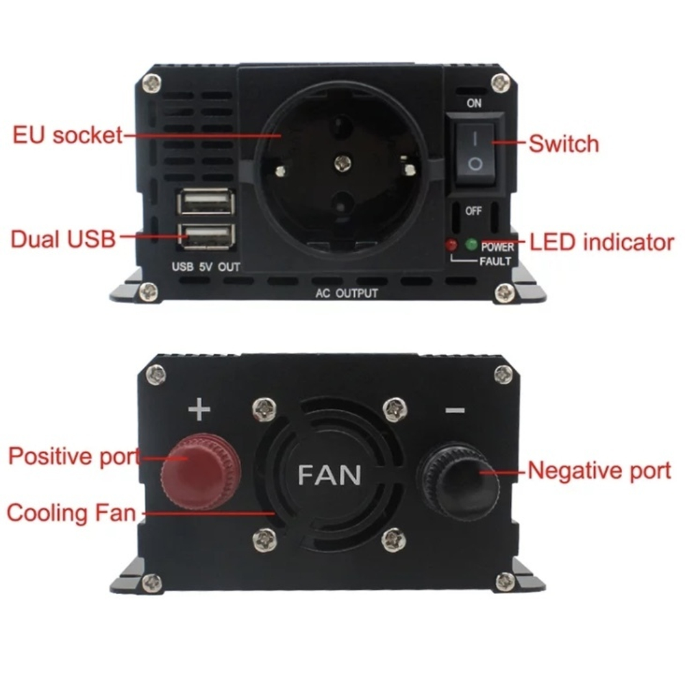 Инвертор 12V-220V 2000W черный Foval