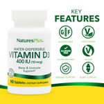 NaturesPlus, Водорастворимый витамин D3, 10 мкг (400 МЕ), 90 таблеток