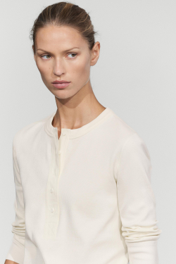 Massimo Dutti Футболка из смесового хлопка с воротником на пуговицах, натуральный/кремовый