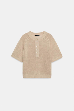 ZARA СВИТЕР С КОРОТКИМИ РУКАВАМИ И ПУГОВИЦАМИ, ПЕСОЧНЫЙ