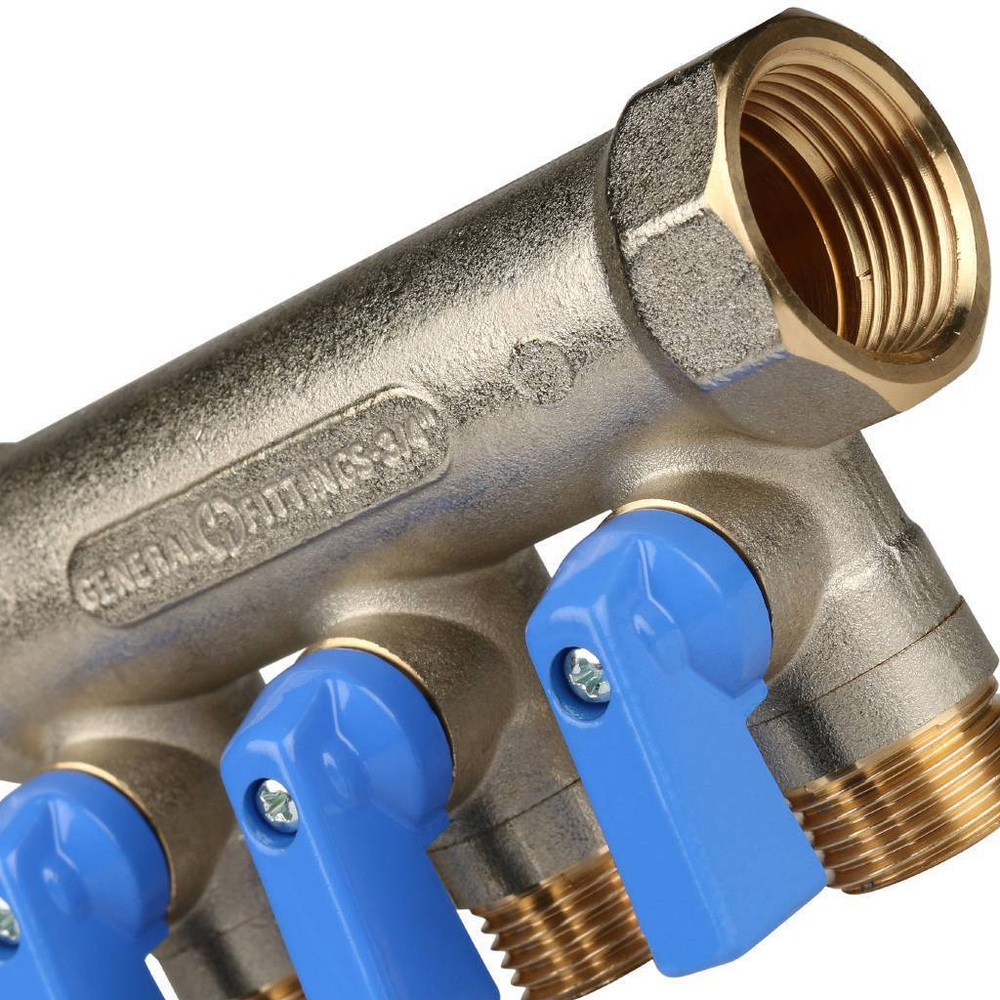 STOUT Коллектор с шаровыми кранами 3/4", 3 отвода 1/2" (синие ручки)
