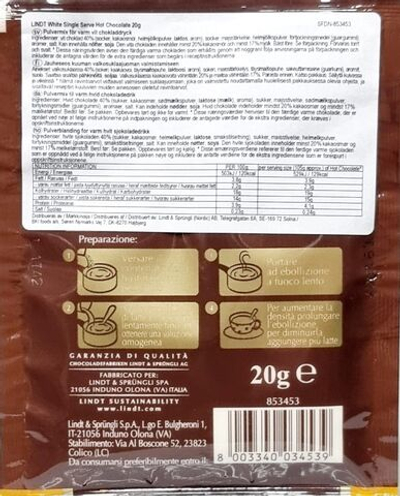 шоколад белый LINDT White Single Serve Hot Chocolate одну порцию  20 г (Из Финляндии)