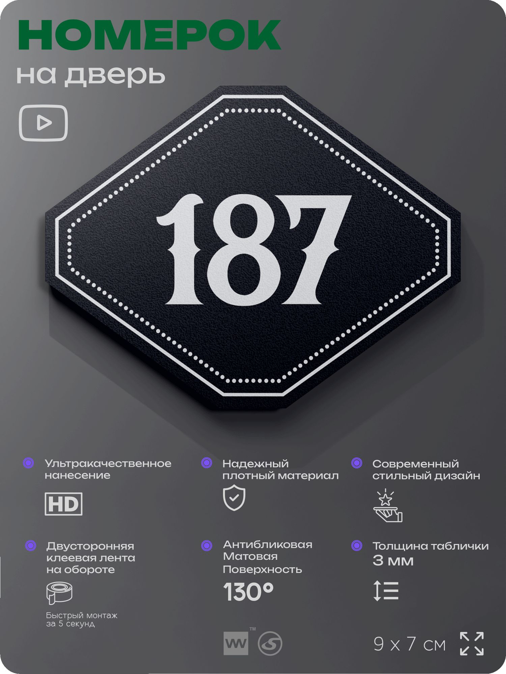 Номерок на дверь квартиры 187, для кабинета, офиса, шильдик 9 х 7 см, черный, Айдентика Технолоджи