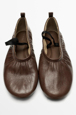 Massimo Dutti Балетки из кожи с присборенной отделкой, коричневый