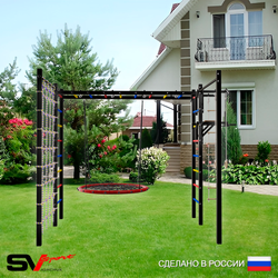 Уличная шведская стенка Sv Sport рукоход с комплектом турник прямой 2шт У5246.1 (Турник/Брусья/Гнездо 100см/Канат/кольца/лестница/Сетка)