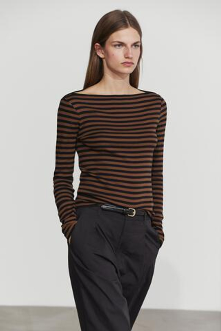 Massimo Dutti Футболка из 100% хлопка в полоску с вырезом лодочкой, кротово-коричневый