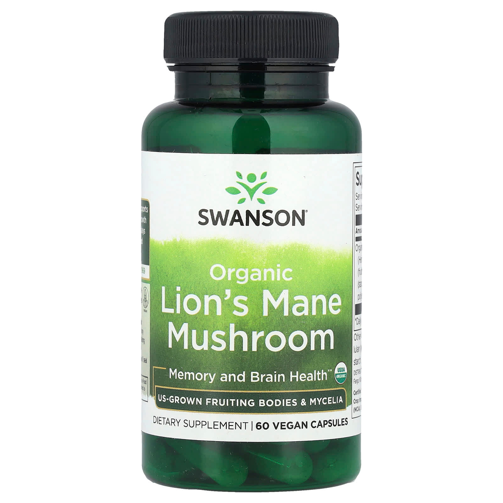 Swanson Vitamins, Органический гриб львиная грива, 60 веганских капсул (500 мг на капсулу)