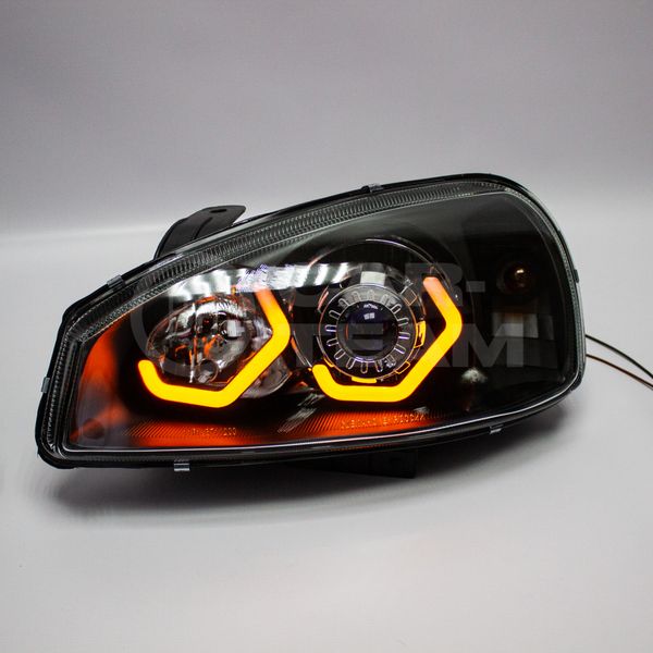 Фары Лада Калина 1 передние в стиле BMW с Bi LED модулями 2,0 дюйма, белые галочки (под ключ)