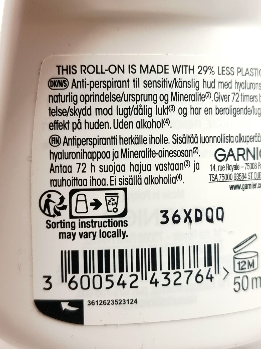 Дезодорант шариковый женский Garnier Mineral Hyaluronic Care 72h Sensitive 50 мл (Из Финляндии)