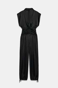 ZARA АТЛАСНЫЙ КОМБИНЕЗОН С ПОЯСОМ-КУШАКОМ, ЧЕРНЫЙ