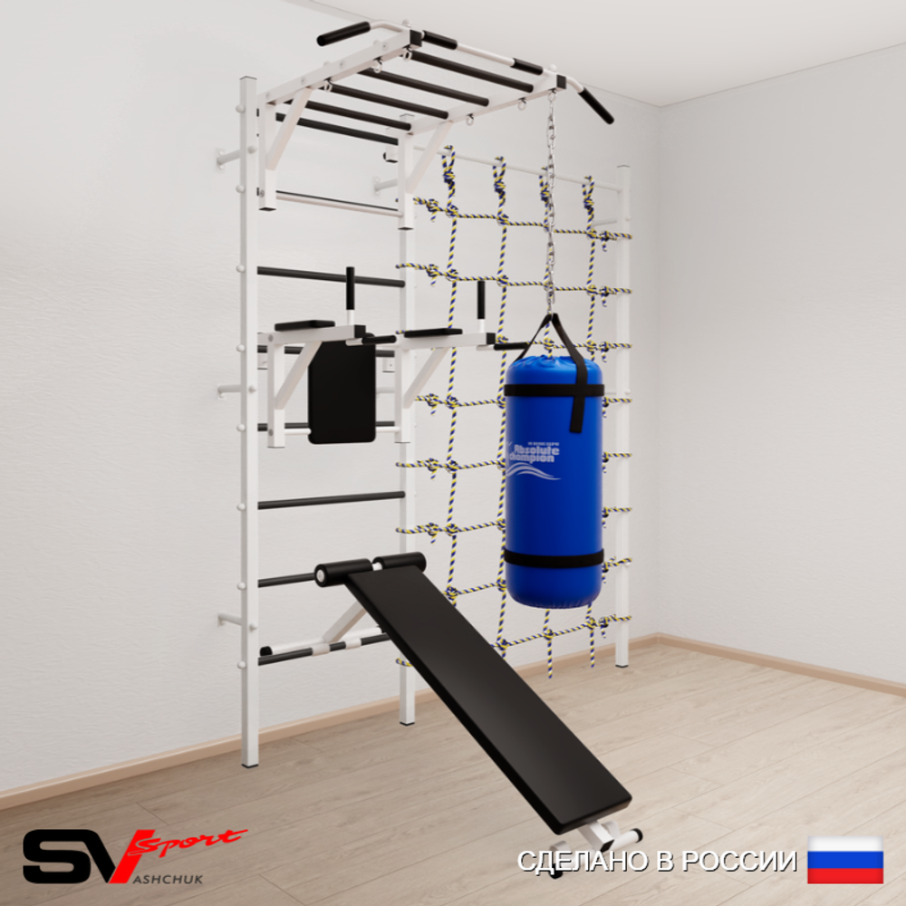 Шведская стенка Sv Sport усиленная 62430 (Турник рукоход/Брусья/Скамья/Цепь/Мешок 30кг/Канатный лаз)