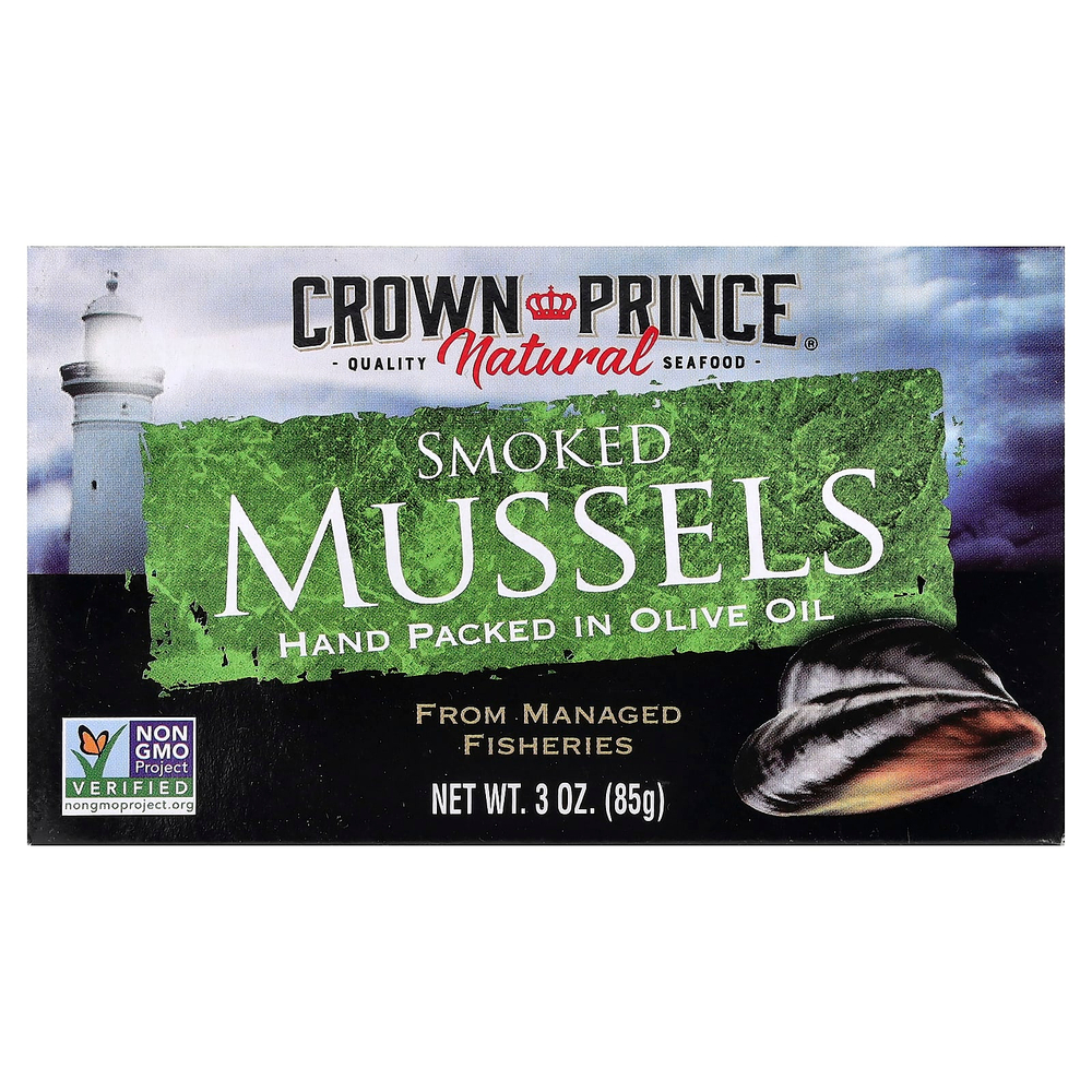 Crown Prince Natural, Копченые мидии, в оливковом масле, 85 г (3 унции)