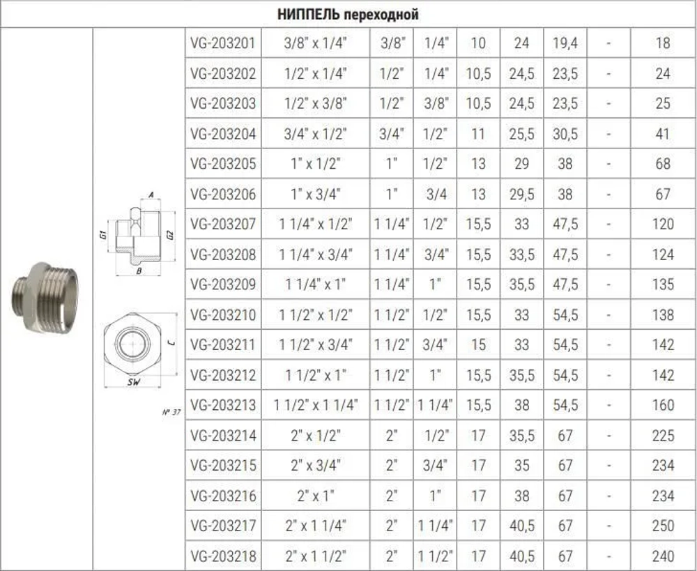 Ниппель переходной НхН 1/2" x 1/4" VALOGIN VG-203202