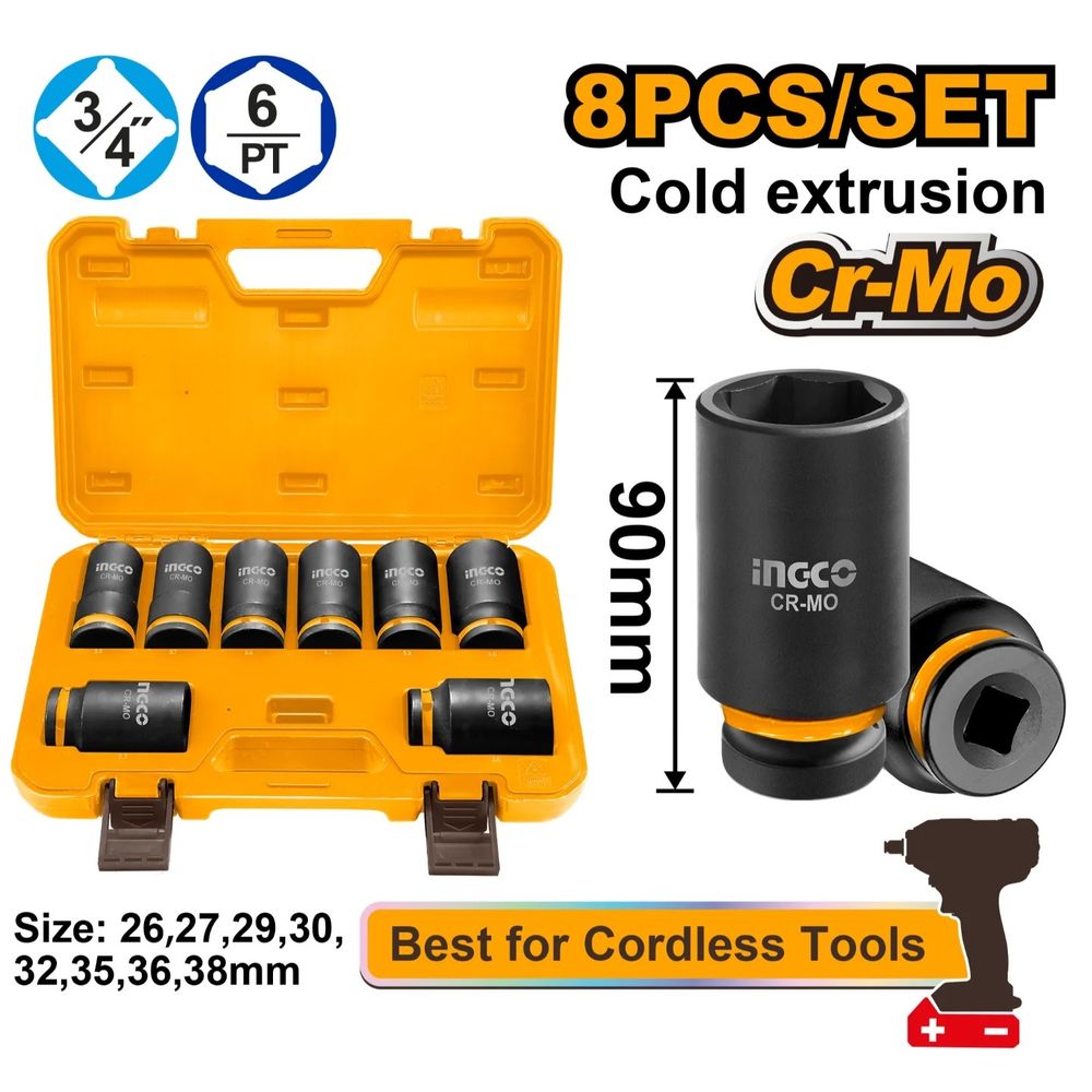 Набор торцевых ударных головок INGCO HKISSD34082L INDUSTRIAL 3/4" 26-38 мм 8 шт.