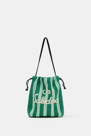 ZARA СУМКА-МЕШОК С БУСИНАМИ, ЗЕЛЕНЫЙ