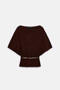 ZARA ТРИКОТАЖНЫЙ ТОП С ПОЯСОМ, ТЕМНО-КОРИЧНЕВЫЙ