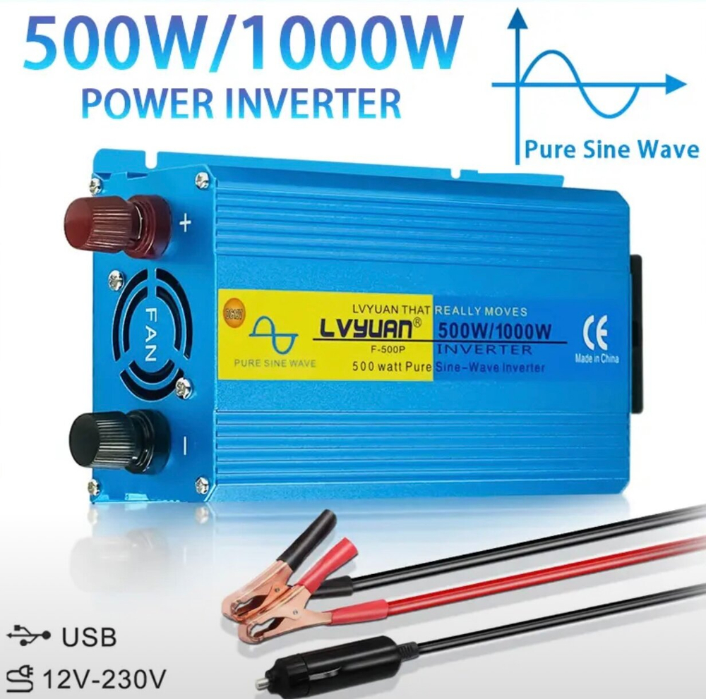 Инвертор 12V-220V 1000W/500W синий чистый синус Lvyuan F-500P