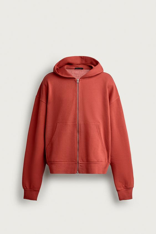 ZARA БАЗОВОЕ ХУДИ BOXY FIT НА МОЛНИИ, КРАСНЫЙ