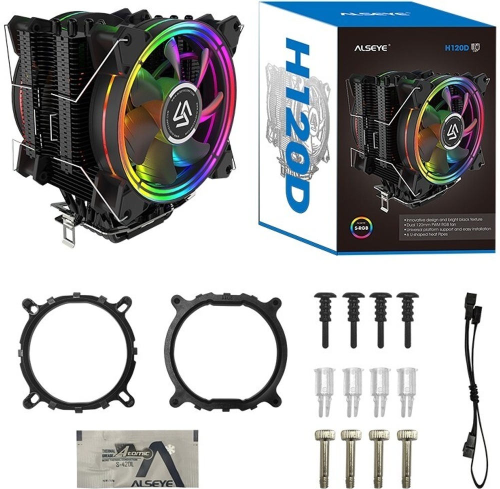 Кулер для CPU Alseye H120D V2.0, 2х120мм, 4-pin, Al+Cu, черный/FRGB, 800-2000rpm, 42.5CFM, 35.2дБ, 6-PIPE(прямой контакт), TDP 200Вт, INTEL 1700/1200/115x/775/2011, AMD AM5/AM4/AM3(+)/AM2(+)/FM2(+)/FM1, безвинтовое креплнение (AS.01.02.0009)