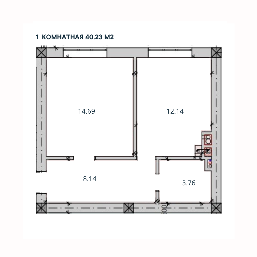 1-комн. квартира, 40,23 м²; 1/3 этаж 1-комн. квартира, 40,23 м²; 1/3 этаж