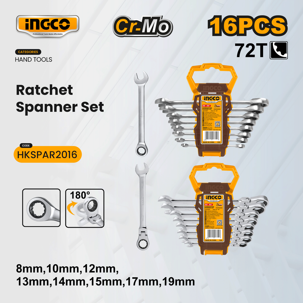 Набор комбинированных ключей с трещоткой INGCO HKSPAR2016 INDUSTRIAL 16 шт. 8-19 мм