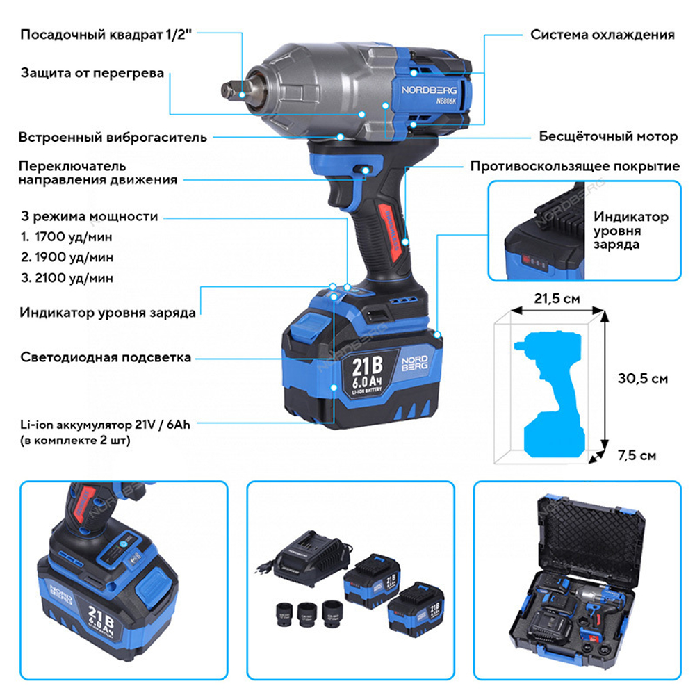 NORDBERG (NE806K-1/2) Гайковерт аккумуляторный, 1/2", 21В, 1500 Нм с двумя 6A акк. и зар. уст-вом, в кейсе