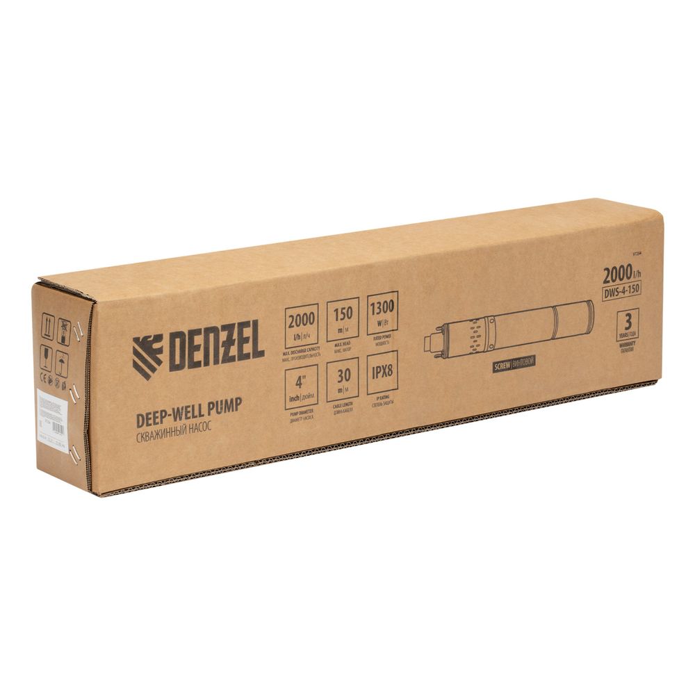 Насос скважинный винтовой Denzel DWS-4-150, диаметр 4", 1300 Вт, 2000 л/ч, напор 150 м