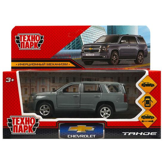 Машина металл CHEVROLET TAHOE 12 см, двери, багаж, инерц, темно серый , кор. Технопарк