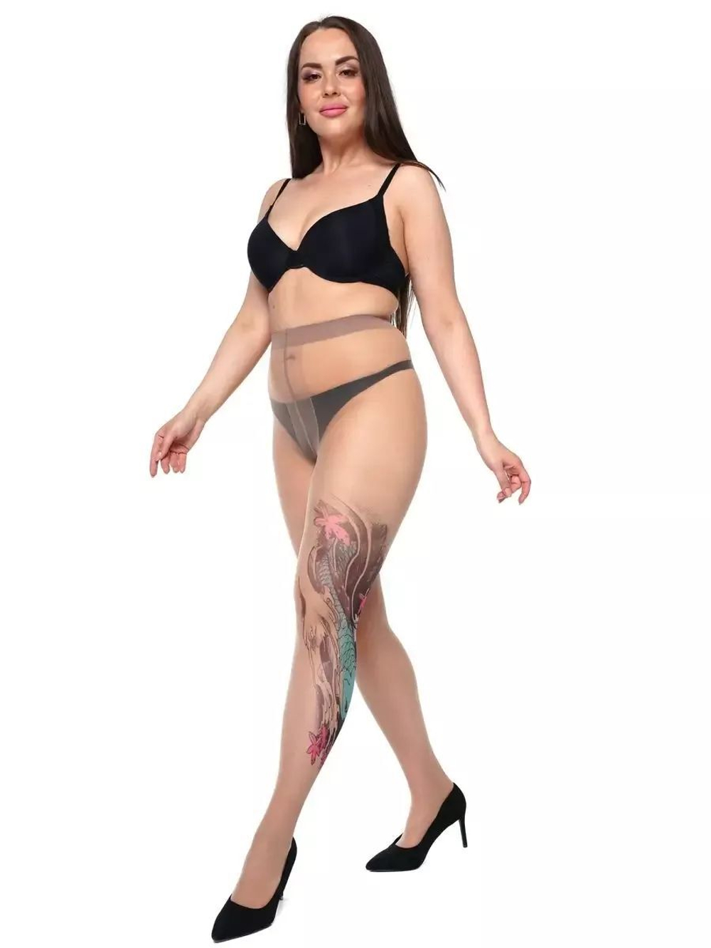 Женские колготки +size с имитацией цветного тату на левой ножке (Размер: XL-XXL-XXXL) (Цвет: бежевый)