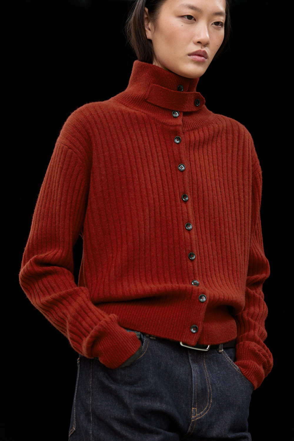 Massimo Dutti Трикотажный кардиган в рубчик с хлястиком, темно-розовый