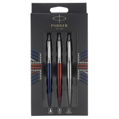 Подарочный набор Parker Jotter London Trio: гелевая ручка Red CT + шариковая ручка Blue CT + карандаш Stainless Steel CT и Ежедневник недатир.триколор
