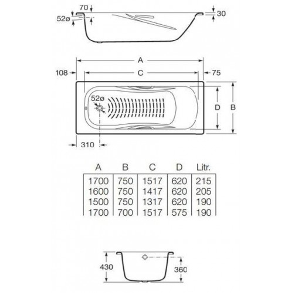 Ванна стальная Roca PRINCESS 160х75 пристенная (7.2203.E.000.0)
