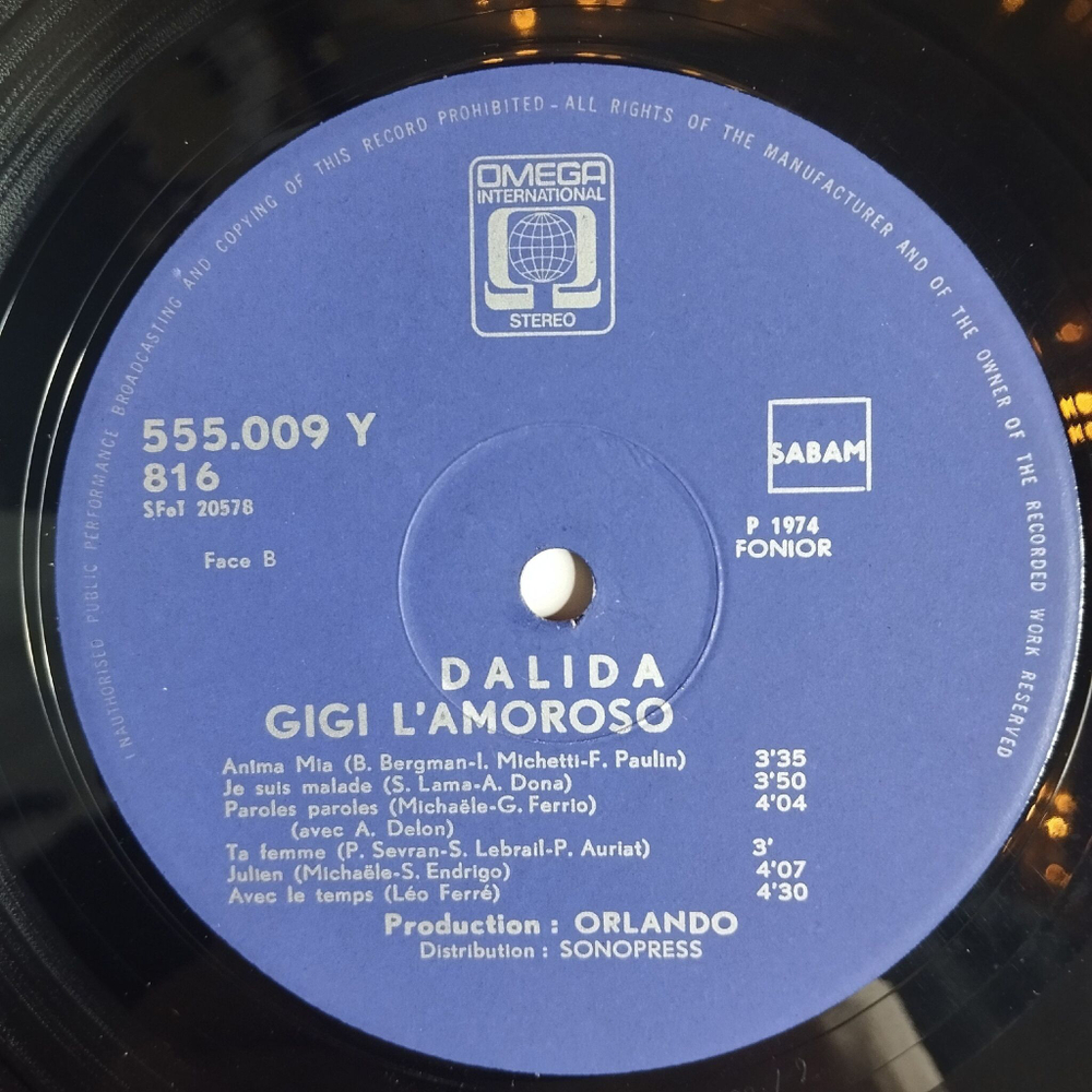 Винтажная виниловая пластинка LP Dalida Gigi Lamoroso (Бельгия 1974)