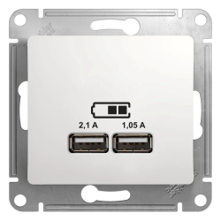 GLOSSA USB РОЗЕТКА A+A, 5В/2,1А, 2х5В/1,05А, механизм, БЕЛЫЙ