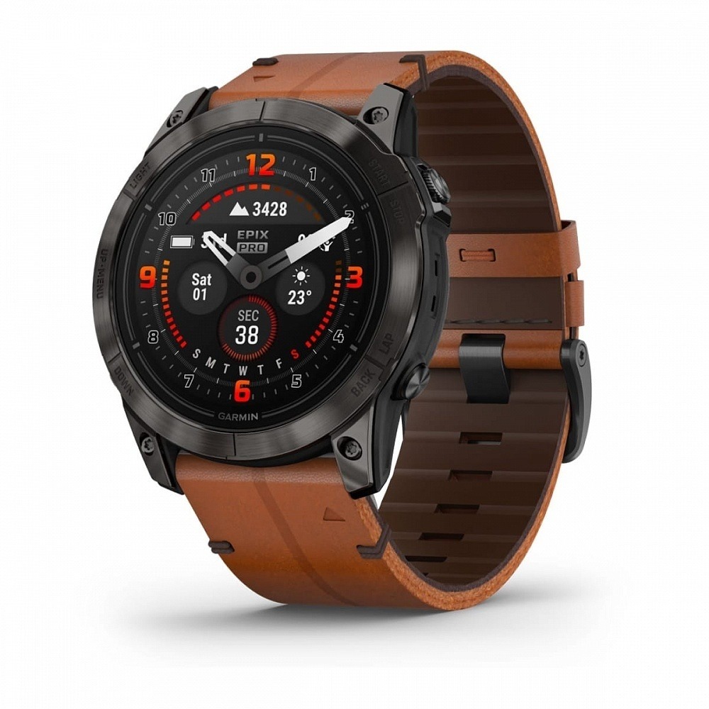 Смарт-часы Garmin EPIX Pro (Gen 2) Sapphire Edition 51 мм, титановый угольно-серый, DLC, коричневый кожаный ремешок, 010-02804-30