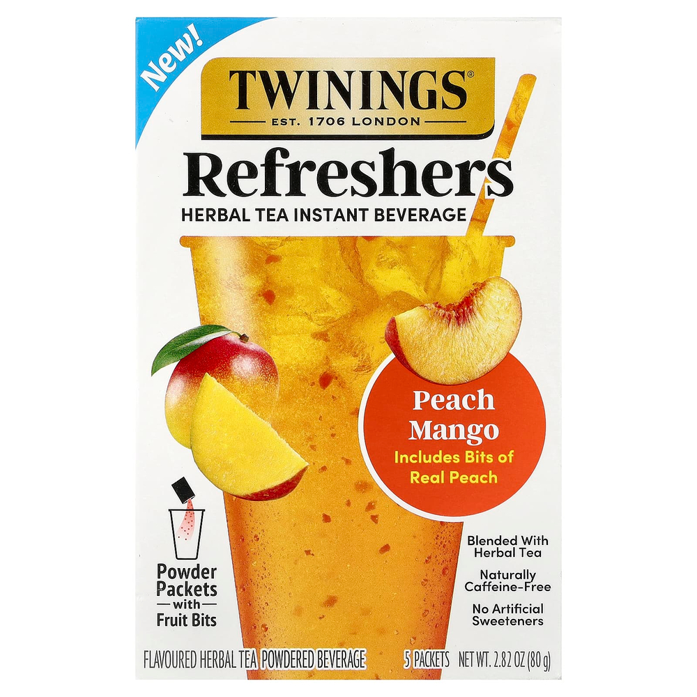 Twinings, Refreshers, растворимый напиток на основе травяного чая, персик и манго, без кофеина, 5 пакетиков по 16 г (0,56 унции)